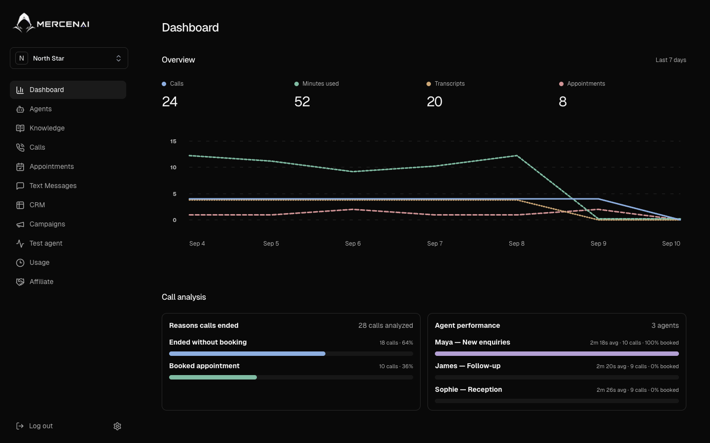 MERCENAI dashboard with example workspace data