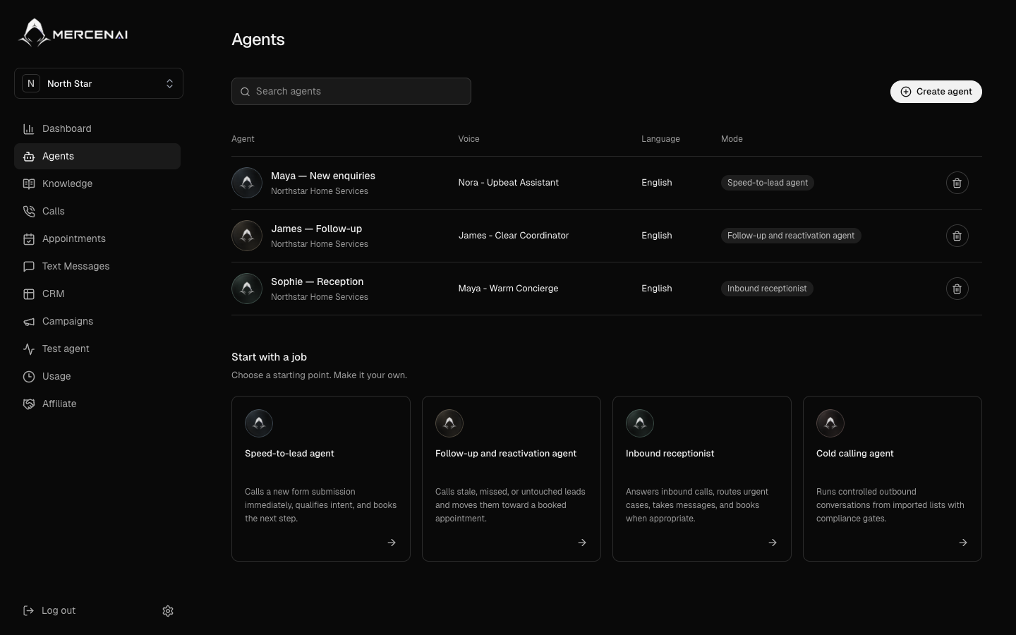 MERCENAI dashboard with example workspace data